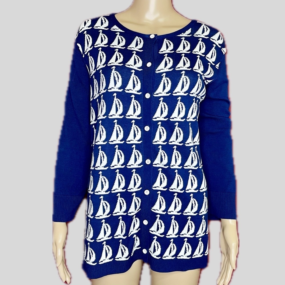 Navy Nautical Sailboat Knit ¾ Sleeve Cardigan Size 2X 20/22